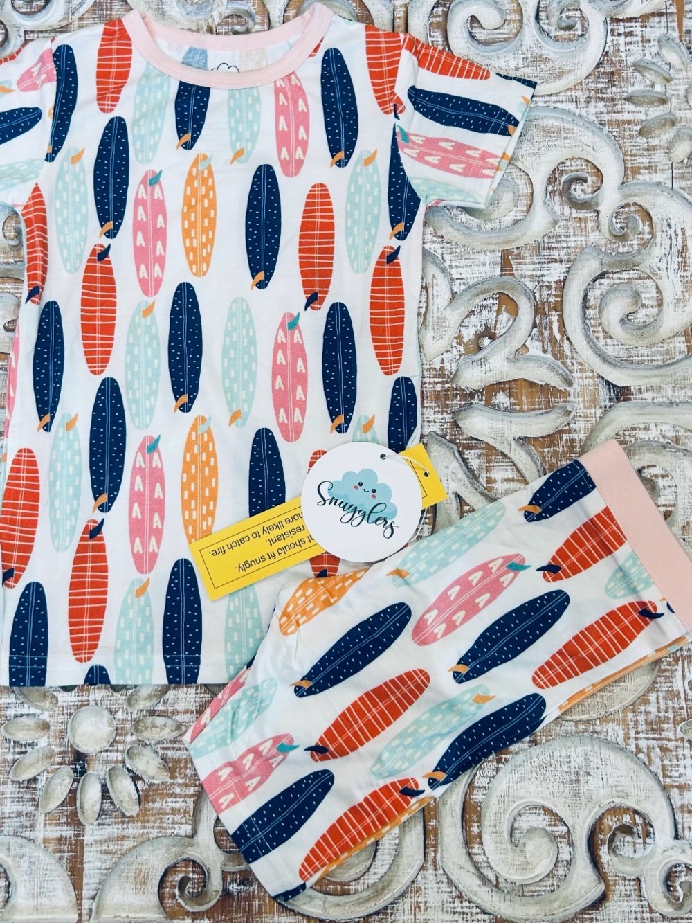 Kids White Surfboard Print Bamboo Set - Pink & Navy Accents